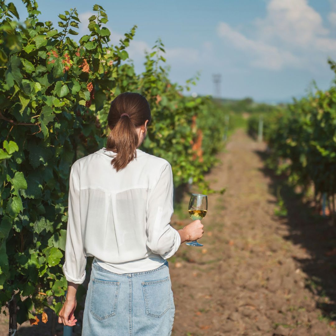 Vrouw in wijngaard met glas wijn