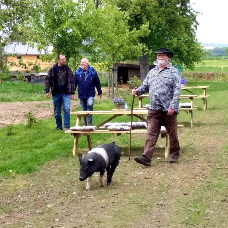 Wei met picknicktafels, 3 mensen en 1 varken